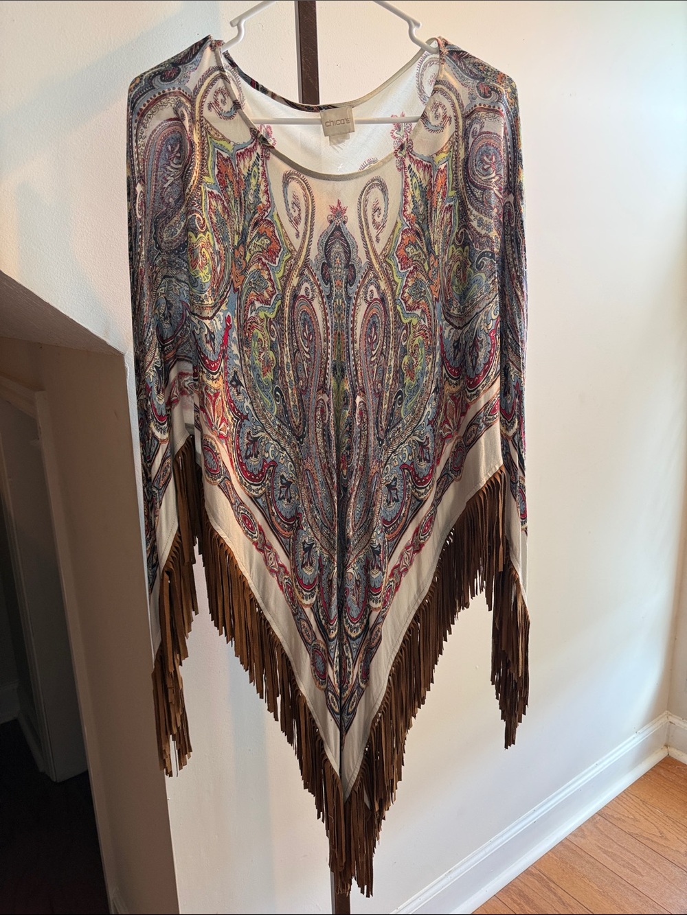 Chico's Paisley Fringe Shawl in Cream with Brown Fringe